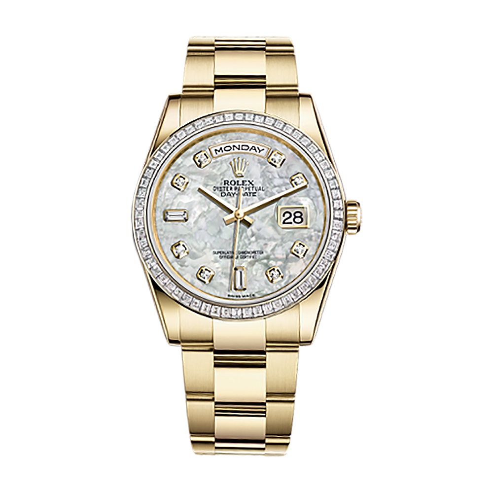 Day-Date 36 118398BR Gold Watch (White Mother-of-Pearl Set with Diamonds)