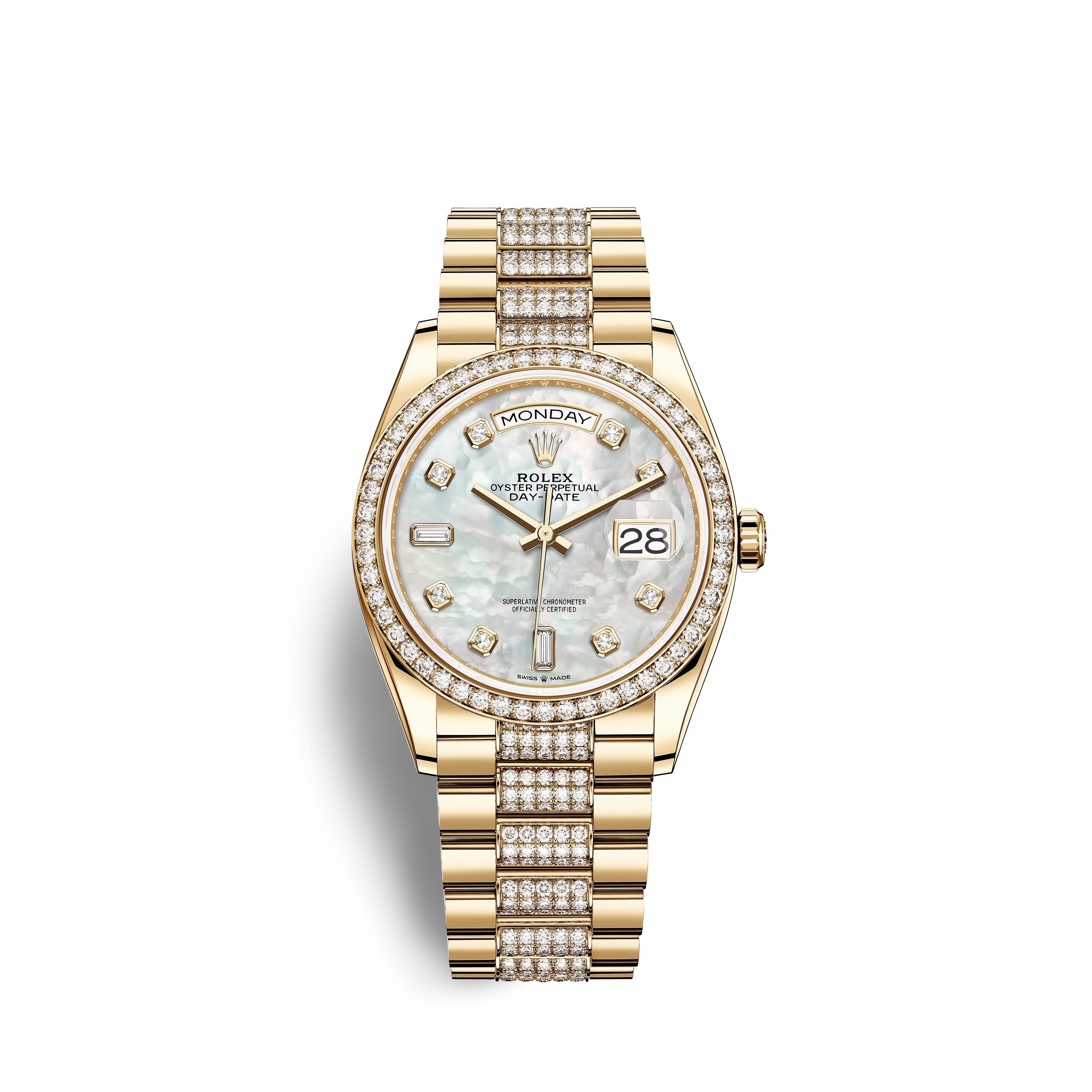 Day-Date 36 128348RBR Gold & Diamonds Watch (White Mother-of-Pearl Set with Diamonds)