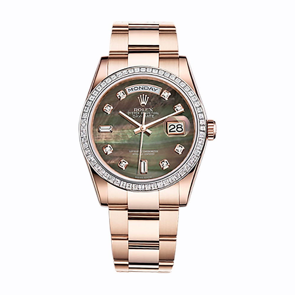 Day-Date 36 118395BR Rose Gold Watch (Black Mother-of-Pearl Set with Diamonds)