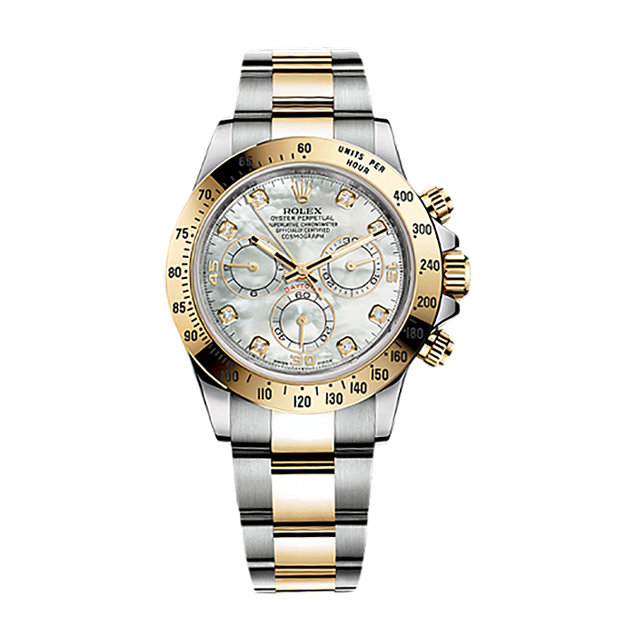 Cosmograph Daytona 116523 Gold & Stainless Steel Watch (White Mother-of-Pearl Set with Diamonds)