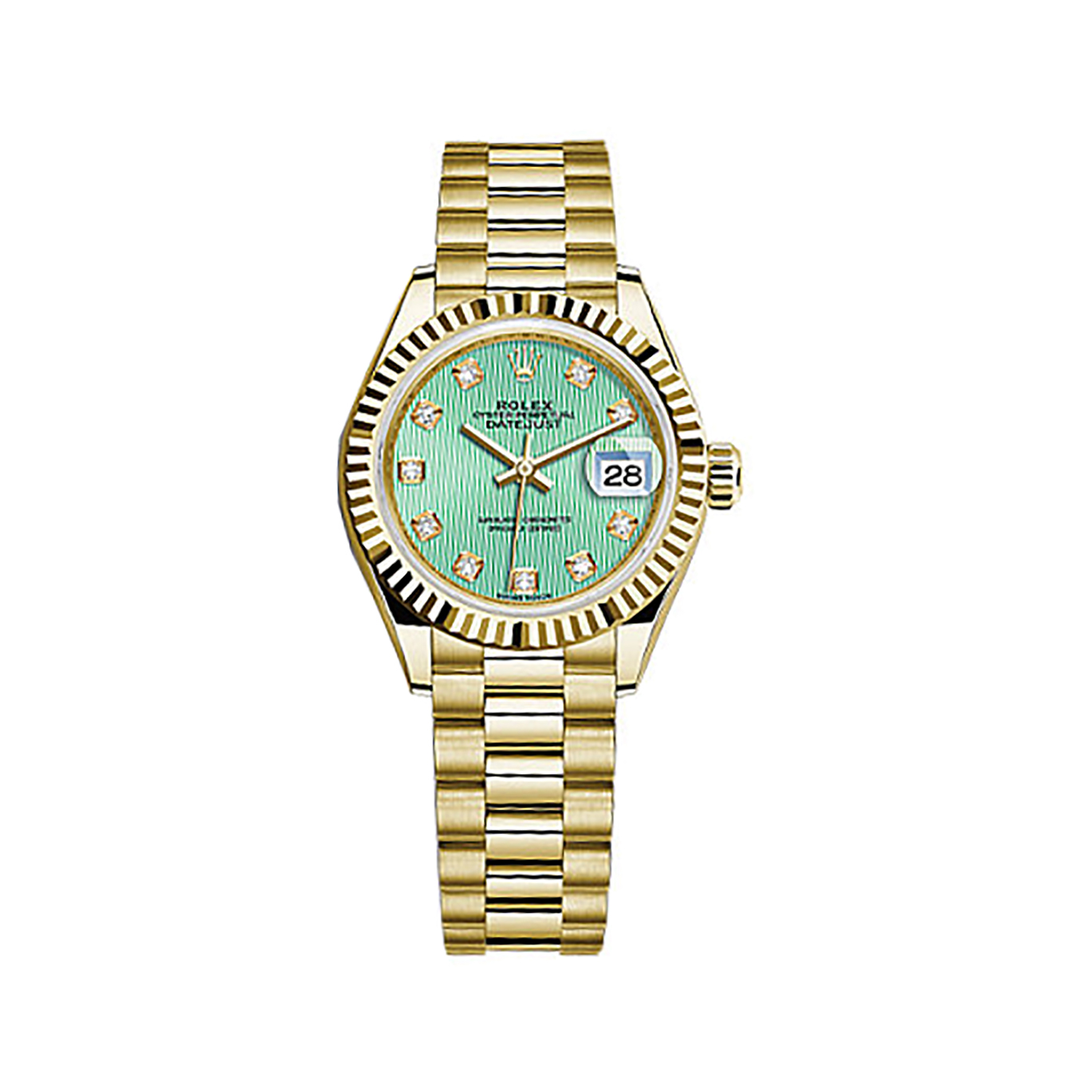 Lady-Datejust 28 279178 Gold Watch (Mint Green Set with Diamonds)